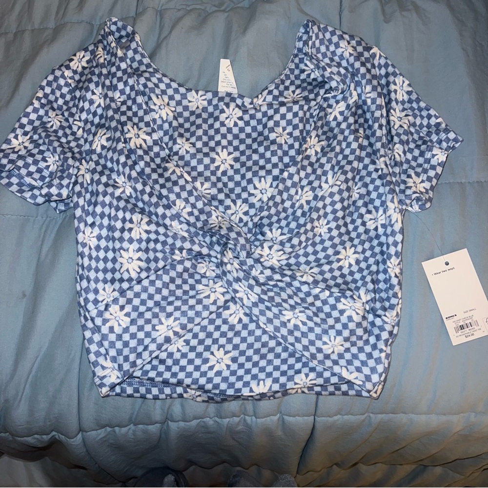 SO Blue Checkered Floral Crop Top